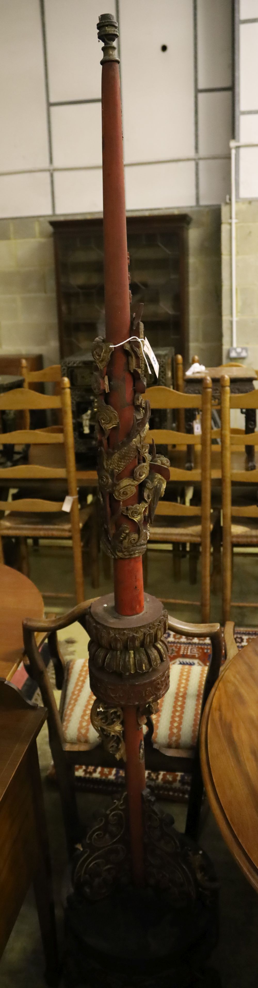 A Chinese carved painted wood floor lamp, height 202cm
